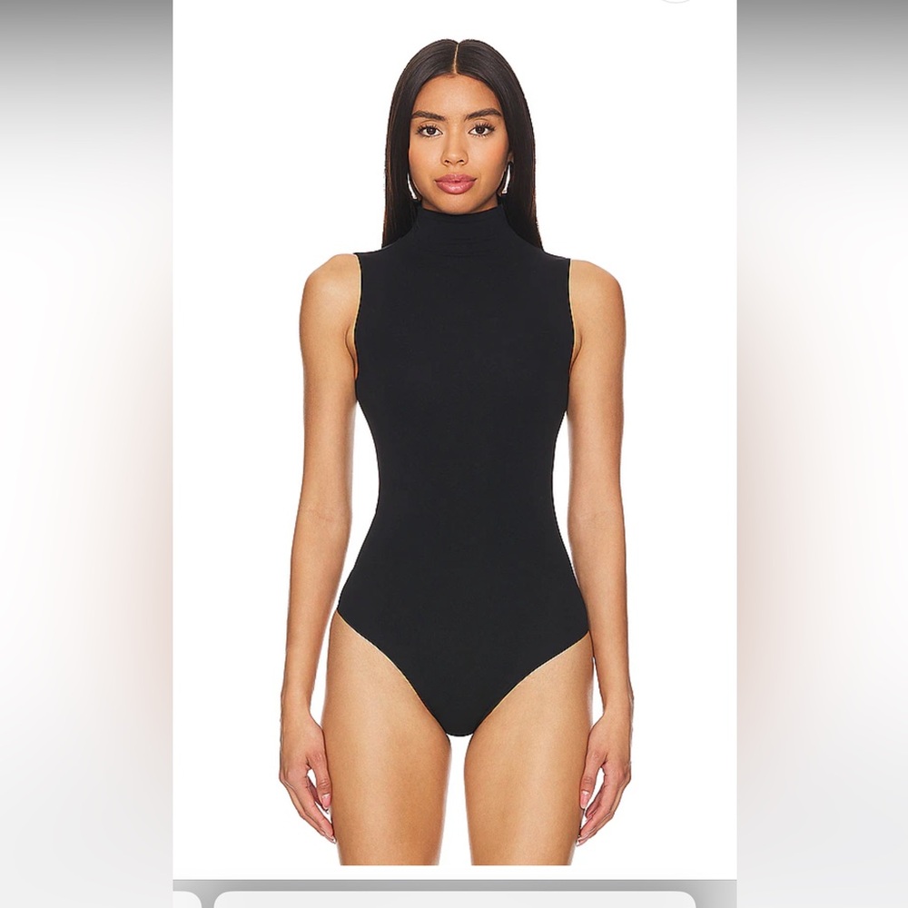 Seamless Mockneck Thong Bodysuit in Black